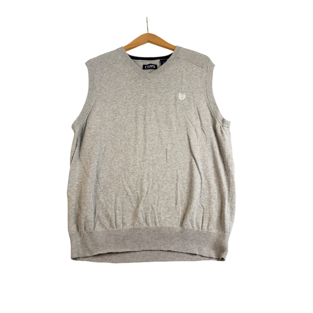 Chaps Mens V-Neck Sweater Vest Heather Gray Knit Sleeveless Pullover Large L/G
